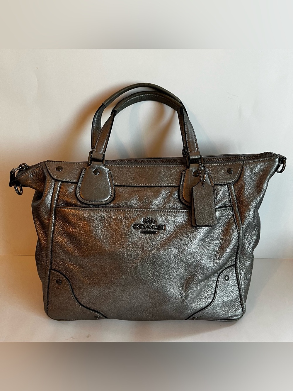 F34040 Coach Mickie Satchel Leather Shoulder Metallic Silver Large Purse Handbag
